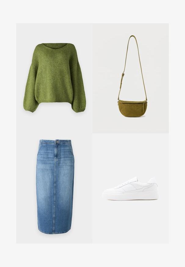 JDY JDYDINEA L/S REVERSIBLE PULLOV. KNT NOOS - Svetrík - fern; Džínová ceruzková sukňa v svetlomodrej farbe s rovnými líniami, predným zapínaním na gombíky a jemným vyblednutím. Spodok sukne je tesne nad kolenami.; Biela nízka teniska s hrubou podrážkou, šnurovacím dizajnom a jemnými detailmi prešitia na jednoduchom svetlom pozadí.; Zelená olivová semišová taška cez rameno s nastaviteľným popruhom a vreckom na zips na prednej strane na jednoduchom bielom pozadí.