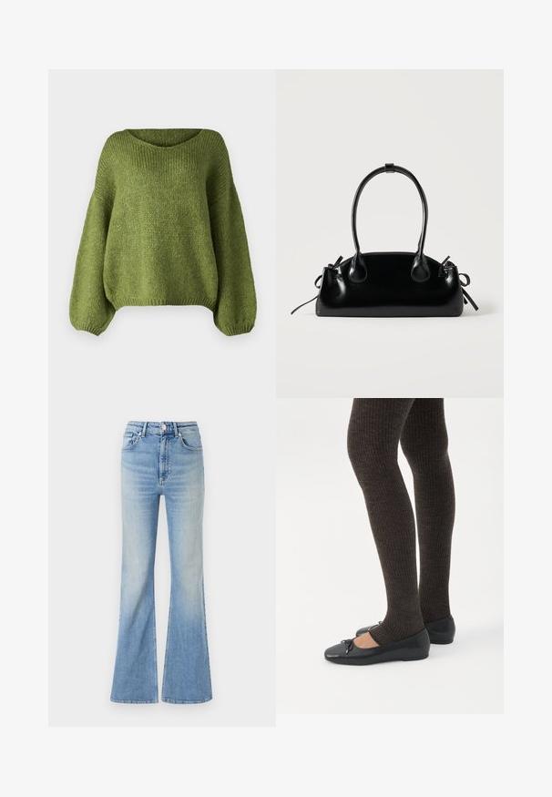 JDY Knitted JDYDINEA Knitted - Striktrøje - fern; Lyseblå flared jeans lavet af denim, med høj talje, fem-lommekonstruktion og en subtil gradientafblegning mod kanten.; Ben iført mørke ribbede leggings kombineret med sorte balletsko med små sløjfedetaljer på hvid baggrund.; Lille sort blank håndtaske med to lange håndtag og snøre-detaljer i siden på en ensfarvet lys baggrund.