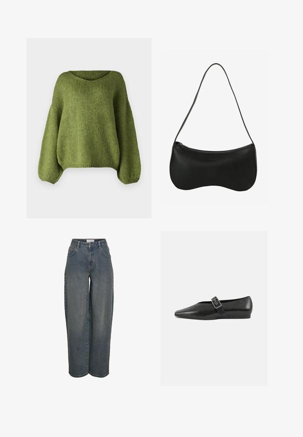 JDY JDYDINEA L/S REVERSIBLE PULLOV. KNT NOOS - Striktrøje - fern; Bredde denimjeans i mørkeblå, lavet af tekstureret bomuldsstof. Har for- og baglommer samt en lynlås og knaplukning.; Sorte læder flade sko med spidse tæer, prydet med en metallisk spænde over vristen og en lav, fleksibel sål.; Sort skuldertaske i læder med buet form, lynlås og enkelt tynd skulderrem; glat tekstur og diskret præget logodetalje.