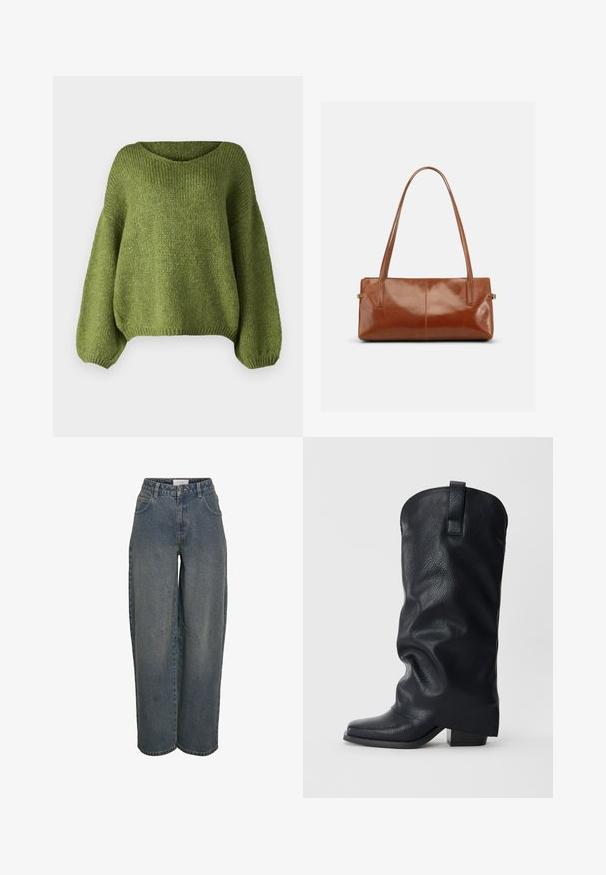 JDY JDYDINEA L/S REVERSIBLE PULLOV. KNT NOOS - Strickpullover - fern; Gerade geschnittene Jeans in Dunkelblau, aus texturiertem Baumwollstoff gefertigt. Mit Fronttaschen und einem Reißverschluss mit Knopfverschluss.; Hochschwarzer Cowboy-Stiefel aus Leder mit niedrigem Blockabsatz und Zuglasche vor einfachem hellem Hintergrund.; Rechteckige braune Lederhandtasche mit zwei langen Schulterriemen, glattem glänzendem Finish und minimalistischem Design vor einfarbigem Hintergrund.