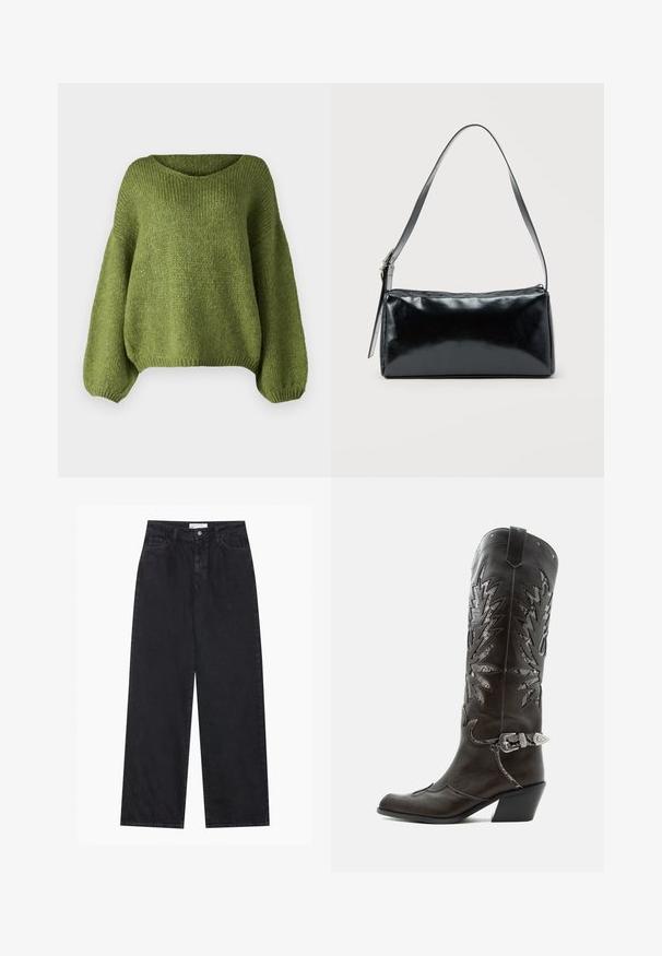 JDY JDYDINEA L/S REVERSIBLE PULLOV. KNT NOOS - Strickpullover - fern; Schwarze hoch geschnittene, weit geschnittene Jeans aus Denim mit Vorderknopf- und Reißverschluss, Gürtelschlaufen und fünf Taschen.; Schwarzer Leder-Cowboystiefel mit dekorativen Ausschnitten, silberner Schnalle und schräger Ferse, auf weißem Hintergrund dargestellt.; Schwarze rechteckige Schultertasche mit einem verstellbaren Riemen und einem oberen Reißverschluss vor einfachem Hintergrund.