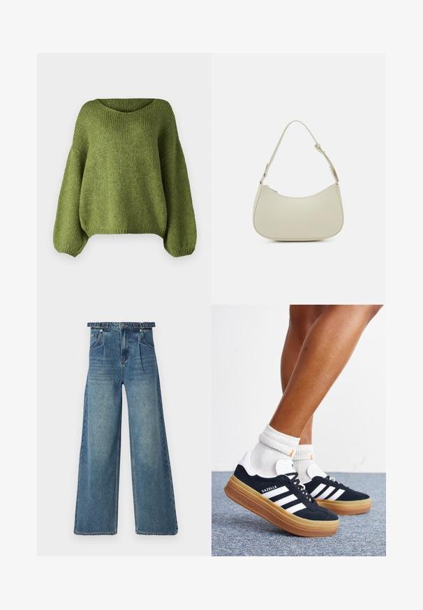 JDY Knitted JDYDINEA Knitted - Striktrøje - fern; Bredde ben denim jeans i lys blå. Har høj talje, bæltestropper, plisseret front og klassisk fem-lomme design. Slidt tekstur.; Ben iført hvide sokker og sorte Adidas Gazelle sneakers med hvide striber og tykke brune såler på et gråt tæppe.; Pieces PCALUANA SHOULDER BAG - Håndtasker - birch