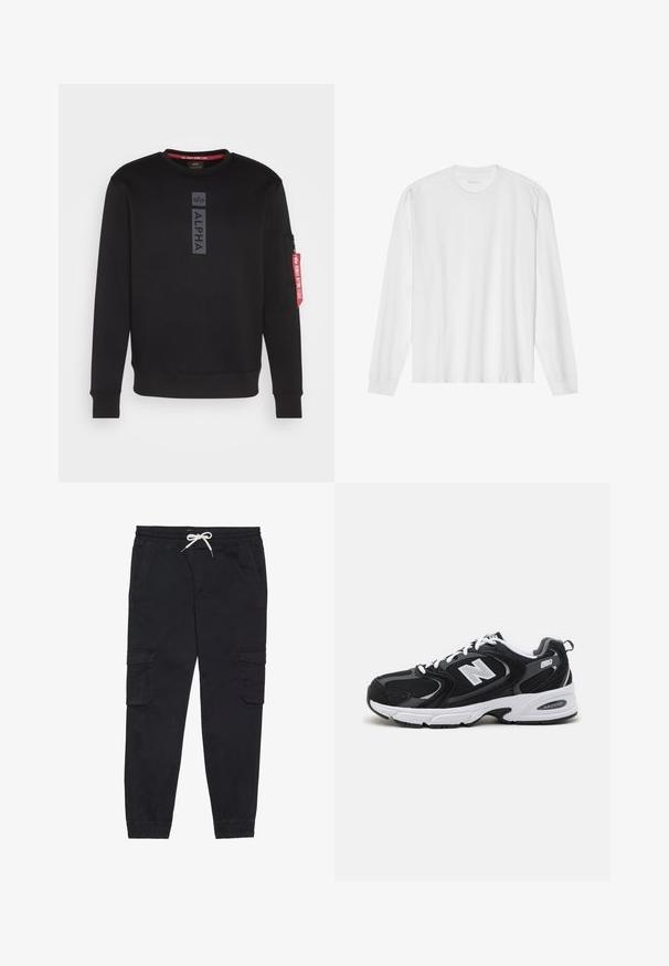 Sweatshirt noir avec un col rond, présentant un logo "ALPHA" audacieux au centre et une poche à zip sur la manche avec une étiquette rouge. Tissu doux.; T-shirt blanc en coton à manches longues avec col rond, doté de poignets côtelés et d'un ourlet droit, texture lisse et design minimaliste.; Pantalons cargo noirs en coton, avec une taille élastique et un cordon de serrage, des poches latérales et des poignets fuselés.; Baskets de sport noires et grises avec un tige en mesh et en suède, présentant une semelle intermédiaire blanche, des lacets et un logo "N" audacieux sur le côté.