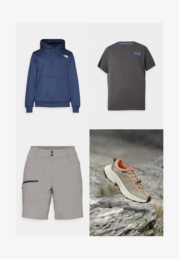 Tumesinine kapuutsweetshirt, mis on valmistatud pehmest kangast, esiküljel on tasku nagu känguru, reguleeritav paela kapuuts ja rinnal väike valge logo.; Tumehall lühikeste varrukatega ümmarguse kaelusega T-särk, millel on väike sinine The North Face'i logo vasaku ülemise rinna kohal, valgel taustal.; Hallide hallid, millel on sile tekstuur, küljel lukuga tasku, kaks nööpkinnitust ja klassikaline lõige. Mugavuse ja funktsionaalsuse nimel kujundatud.; Beež ja oranž matkasaabas paksu tallaga, GORE-TEX silt ja "TERREX" brändinguga, kujutatud üle kivise maastiku.