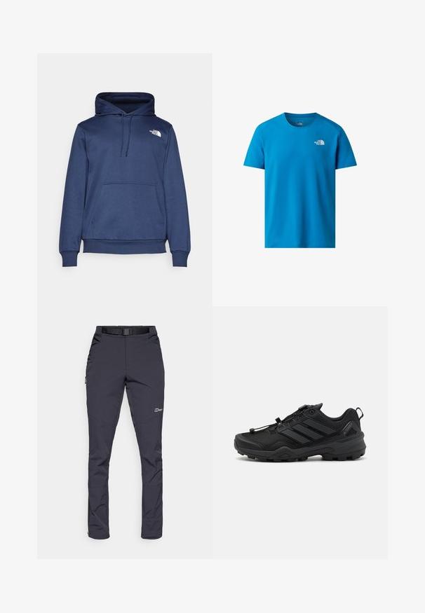 Marineblå hættetrøje lavet af blødt stof, med en forreste kængurulomme, justerbar snørehætte og et lille hvidt logo på brystet.; Blå kortærmet t-shirt lavet af glat stof, med et lille hvidt logo på venstre bryst. Klassisk crew neck design.; Vandtætte bukser i mørkegrå farve, lavet af slidstærkt stof. Funktioner inkluderer et bælte, sidelommer og lynlåsede ankler.; Sort atletisk sko med en tekstureret mesh-overdel, kontrasterende syntetiske accenter og en robust gummisål. Har et sikkert snøresystem og bageste loop.