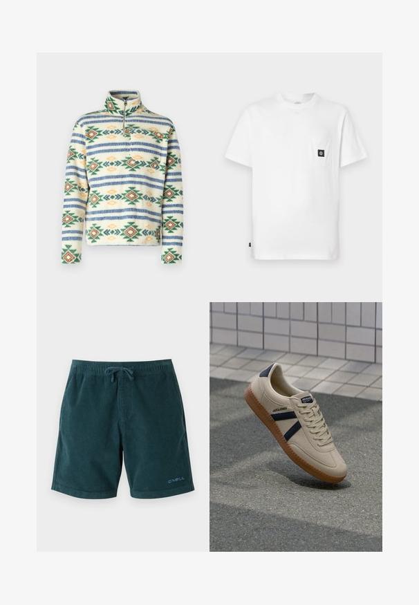 Jack & Jones Anorak Anorak - Suéter de forro polar - bright white; Camiseta blanca de algodón con cuello redondo, mangas cortas y un bolsillo en el pecho con un parche de logo negro. Textura suave, ajuste relajado.; Bañador de pana en color verde azulado oscuro con cintura elástica y cordón. Presenta un logo en la parte inferior de la pierna derecha. Textura suave, diseño hasta la rodilla.; Zapatilla beige con acabado texturizado, rayas azul marino y suela de goma. Presenta una lengüeta acolchada y un sistema de cordones tradicional para un ajuste seguro.