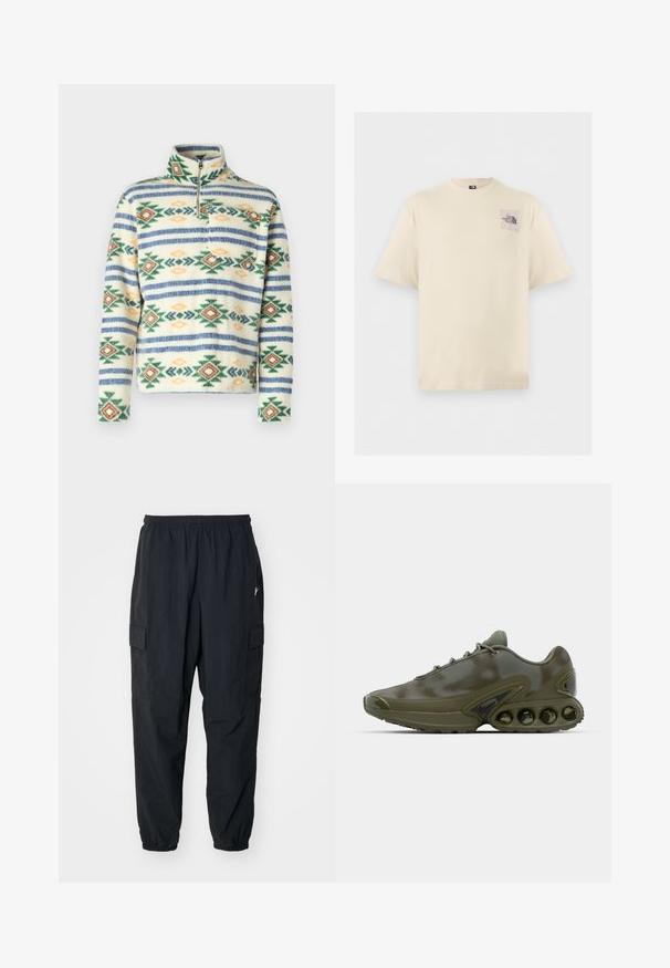 Jack & Jones Anorak Anorak - Fliisdžemper - bright white; Beež lühikeste varrukatega T-särk väikese lilla logoga ja abstraktse disainiga vasaku ülemise rinna piirkonnas, millel on kiri "The North Face".; Mustad mustad püksid kergest materjalist, elastse vöökoha, küljetaskute ja lõdva istuvuse ning elastsete mansettidega.; Tume roheline spordijalats tekstuuriga pealmise osaga, nööridega kinnitamine ja silmapaistev tallaosa, mis sisaldab kuut nähtavat õhkpadja üksust.