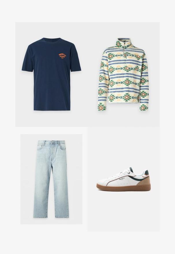 Jack & Jones Anorak Anorak - Flísový sveter - bright white; Námornícky modré bavlnené tričko s krátkymi rukávmi, okrúhlym výstrihom a oranžovým vyšívaným logom "Wrangler Jeans 1947" na hrudi.; Svetlomodré džínsy so širokými nohavicami, piatimi vreckami, zapínaním na gombík a zips a s mierne vyblednutým vzhľadom, položené naplocho na bielom pozadí.; Biela nízka teniska s hnedou podrážkou, zelenými a béžovými detailmi, bielymi šnúrkami a logom "Pepe Jeans London" na boku.