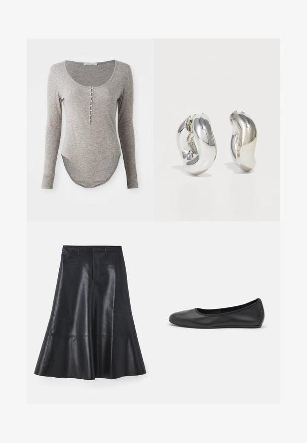 Lange mouw bodysuit van zacht grijs stof, met een ronde halslijn, knoopsluiting en een gebogen zoom voor een perfecte pasvorm.; Zwarte leren rok met een uitlopende ontwerp, middenlengte, met een gladde textuur en discrete stikdetails langs de zoom.; Zwarte leren ballerina met een ronde neus, gladde textuur, minimale stikdetails en een flexibele zoolontwerp.; Zilveren sculpturale oorbellen met gladde, gebogen vormen en reflecterende oppervlakken. Voorzien van een gesloten hoepelontwerp en een onderscheidende organische vorm.