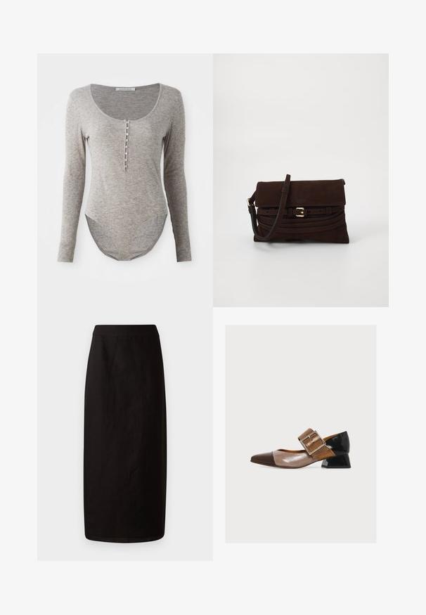 Bodysuit à manches longues en tissu gris doux, avec décolleté en cœur, fermeture à boutons et ourlet arrondi pour un ajustement confortable.; Jupe midi noire en tissu léger. Elle présente une silhouette droite, une texture lisse et une taille simple sans embellissements.; Chaussure femme à talon bas avec bout pointu, en cuir verni marron, beige et noir, avec une large bride à boucle carrée sur le dessus.; Pochette en daim brun foncé avec rabat, détails de boucle en or et bandoulière réglable, placée sur un fond blanc.
