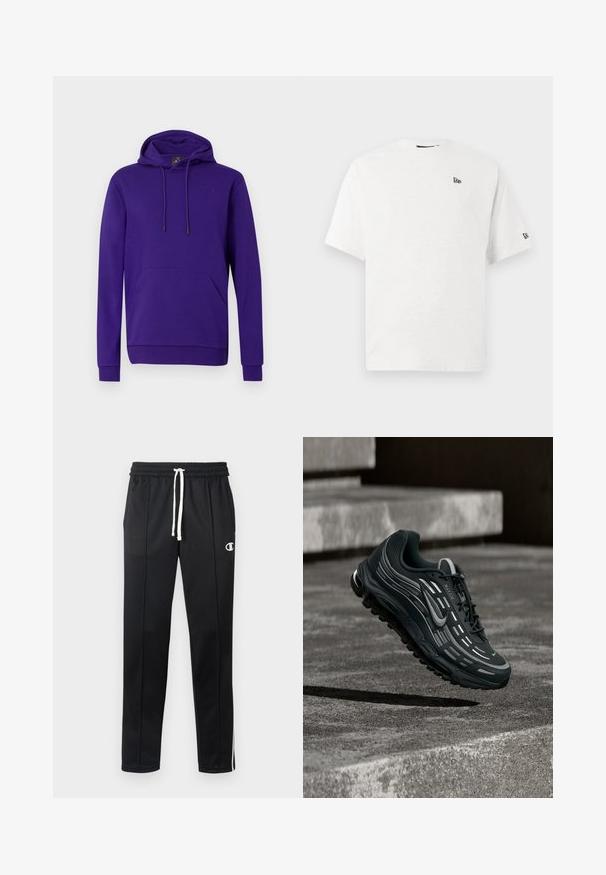 Paarse pullover hoodie van een zachte katoenmix met een voorzak en een trekkoordcapuchon. Beschikt over ribgebreide manchetten en zoom, met een subtiele logo-accent.; Witte katoenen t-shirt met korte mouwen, een ronde hals en een klein zwart logo op de linker borst en de rechter mouw.; Zwarte sportbroek met witte trekkoord, zijstrepen, voorzakken en een klein wit Champion-logo op de linkerdij.; Zwarte en grijze Nike Air Max sneaker zwevend boven grijze betonnen trappen met een gestructureerde achtergrond van de grond.