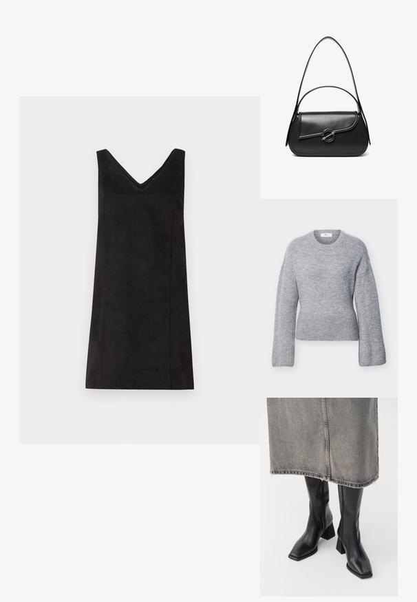 Suéter de punto de manga larga en gris claro con cuello redondo, puños y dobladillo acanalados, mostrado plano sobre un fondo blanco.; Vestido negro sin mangas con escote en V, hecho de un material suave, con corte recto y detalles mínimos. Textura suave.; Botas negras hasta la rodilla de cuero liso con punta cuadrada y tacón cuadrado. Llevadas con una falda de mezclilla gris con dobladillo desflecado.; Bolso de hombro de cuero negro con una solapa curva asegurada por un broche metálico redondo y una correa delgada y ajustable.