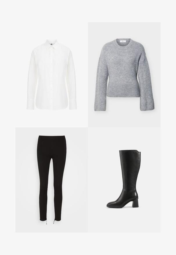 Lysegrå langærmet strikket sweater med ribbet rund halsudskæring, manchetter og kant, vist fladt på en hvid baggrund.; Hvid langærmet skjorte lavet af bomuld, med en klassisk krave, frontknapper og lige kant med let afrundede kanter.; Even&Odd Leggings - black; Sort knæhøj læderstøvle med blokhæl og rundet tå, vist fra siden på en ensfarvet baggrund.