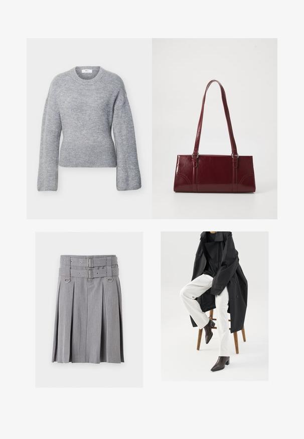 Lysegrå langærmet strikket sweater med ribbet rund halsudskæring, manchetter og kant, vist fladt på en hvid baggrund.; Grå plisseret nederdel med striber med dobbelt bælte og sølvspænder, med D-ring detaljer ved taljen.; Sort, oversized trenchcoat over en sort top, parret med hvide bukser og brune, spidse ankelstøvler, siddende på en træstol.; Bordeaux håndtaske lavet af glansfuldt materiale, rektangulær form, med to skulderremme og subtile buede detaljer på forsiden.
