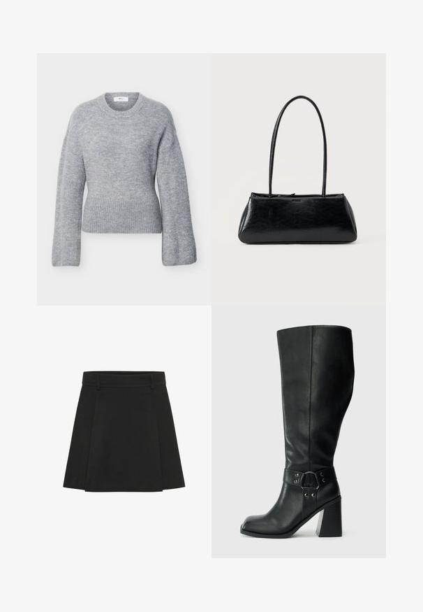 Pull en maille gris clair à manches longues avec col rond côtelé, poignets et ourlet, présenté à plat sur un fond blanc.; Jupe plissée noire avec une taille structurée. Fabriquée à partir d'un tissu texturé, elle présente des plis distincts et un ourlet droit.; Bottes en cuir noires arrivant au genou, avec un bout carré, un large talon et une sangle décorative avec des accents métalliques autour de la cheville. Texture lisse.; Sac à épaule rectangulaire noir avec de longues bretelles fines et une texture lisse et brillante sur un fond uni.