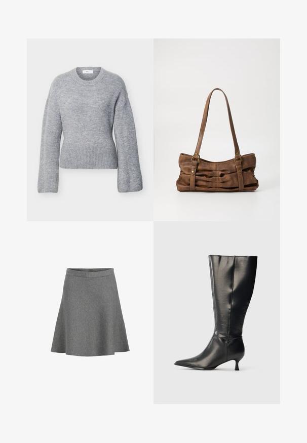 Pull en maille gris clair à manches longues avec col rond côtelé, poignets et ourlet, présenté à plat sur un fond blanc.; Jupe grise évasée en tissu doux, dotée d'une taille lisse et d'un ourlet qui s'évase doucement, avec une texture subtile et sans motifs.; Botte en cuir noire montant jusqu'au genou, avec un bout pointu et un petit talon bas, présentée sur un fond clair uni.; Even&Odd Sac à main - brown