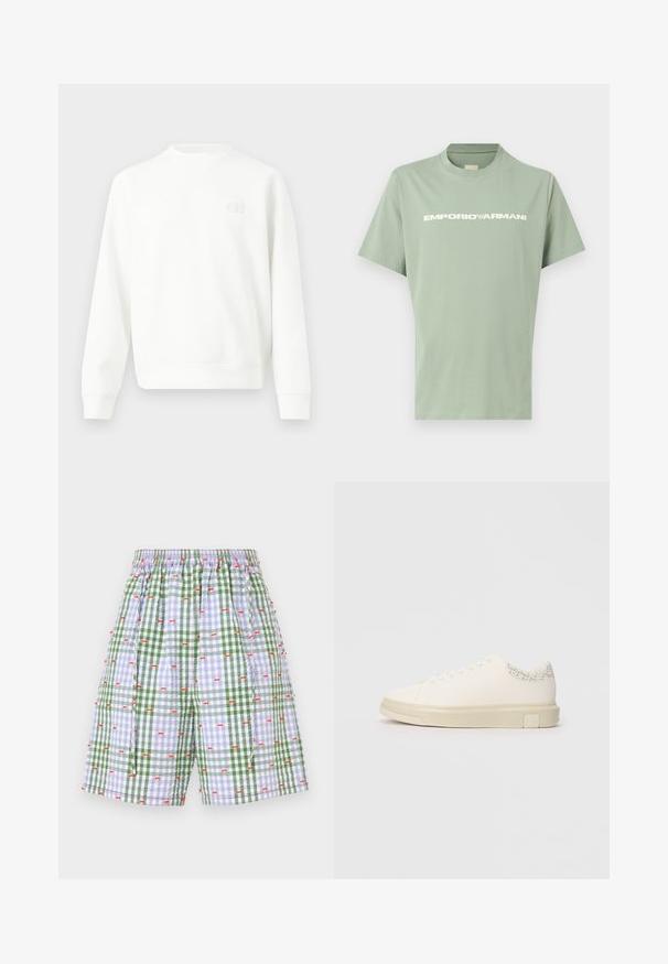 Sweatshirt blanc à manches longues avec col ras du cou, poignets et ourlet côtelés, orné d'un petit logo brodé sur la poitrine gauche.; T-shirt vert clair à manches courtes avec col rond et logo EMPORIO ARMANI blanc sur la poitrine, présenté sur un fond uni.; Shorts à carreaux verts et bleus avec une taille élastique, ornés d'un motif de cerises rouges. Design léger et décontracté avec des poches latérales.; Sneaker blanc avec une tige en toile lisse, des lacets plats, un col rembourré et un accent gris texturé à l'arrière. Semelle en caoutchouc épaisse.