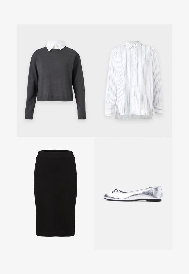 Tumehall cropped-sviiter pikade varrukatega, ribade äärisega ja valge kraega särgi all, millel on sile tekstuur.; Valge särk vertikaalsete hallide triipudega, pikkade varrukatega, nööpidega ees ja klassikalise kraega. Omab külgdele lõike ja kinnitatud varrukaid.; Must värvusega põlveni ulatuv pliiatsseelik, millel on liibuv vöökoht ja sile kangas, kujutatud valgel taustal.; Hõbedane metallikballeti king madala musta tallaga ja väikse musta paelaga ümaral varbal.