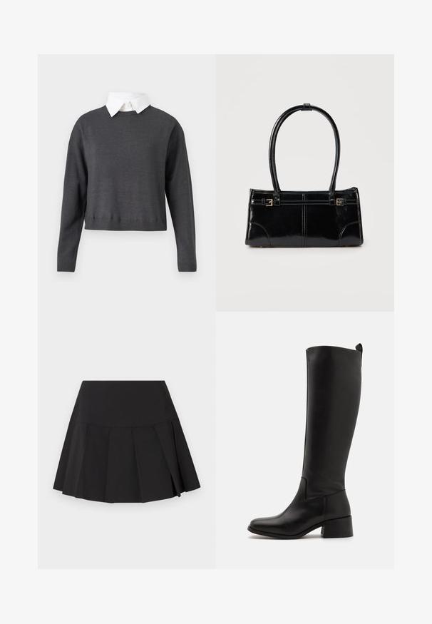 Pull cropped gris foncé avec manches longues, ourlet côtelé, et une chemise col blanc en dessous, présentant une texture lisse.; Mini-jupe plissée noire avec une large ceinture, des plis verticaux espacés uniformément et un ourlet légèrement évasé.; Botte noire montée à hauteur de genou en cuir lisse avec un talon blocs, une pointe arrondie et un design élégant sans embellissement.; Sac à main rectangulaire noir brillant avec deux fines bretelles et petits détails de boucles dorées à l'avant.