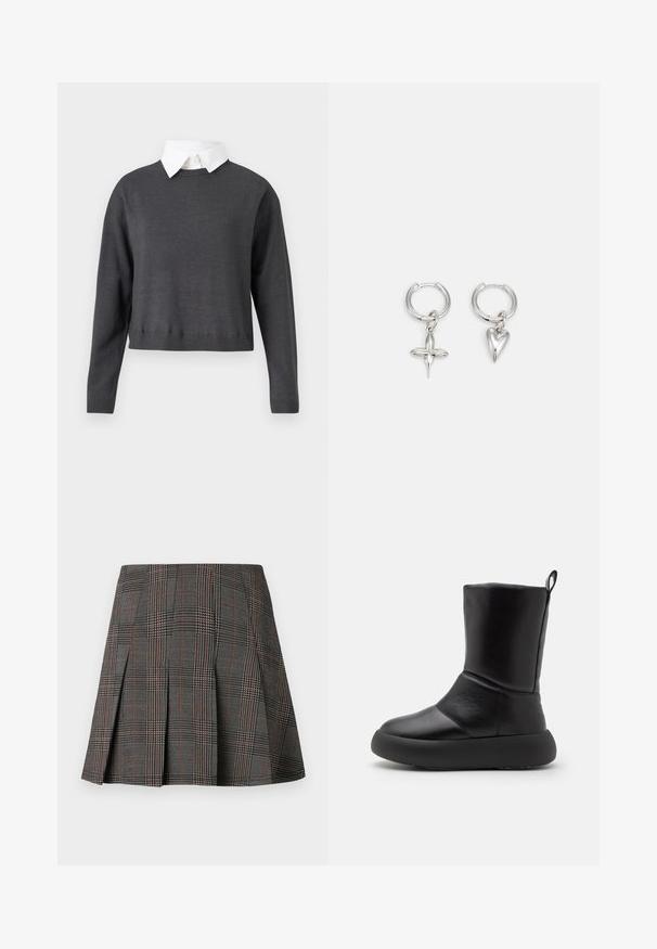 Mørkegrå cropped sweater med lange ærmer, ribbede kanter og en hvid skjorte under, som har en glat tekstur.; Gråternet nederdel med plisseringer, prydet med intrikate mønstre i sort og hvid, akkompagneret af tynde røde linjer. Fremstillet af et struktureret stof.; Sorte læder ankelstøvler med en rund tå, en glat overflade, en kraftig sål og en sløjfe bagpå for nem påtagning.; Sølv hoop øreringe med et kors og hjerte charm. Glat, skinnende tekstur med en poleret finish. Hver charm hænger fra en sikker løkke.