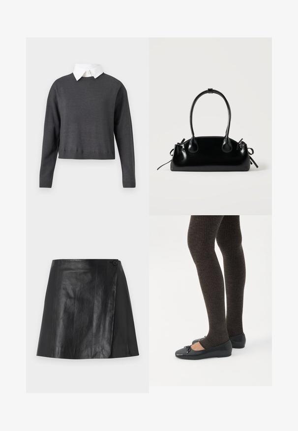 Mørkegrå cropped sweater med lange ærmer, ribbede kanter og en hvid skjorte under, som har en glat tekstur.; Sort faux læder mini nederdel med omslag foran, der er sikret med en knap på højre side, glat struktur og let glans.; Ben iført mørke ribbede leggings kombineret med sorte balletsko med små sløjfedetaljer på hvid baggrund.; Lille sort blank håndtaske med to lange håndtag og snøre-detaljer i siden på en ensfarvet lys baggrund.