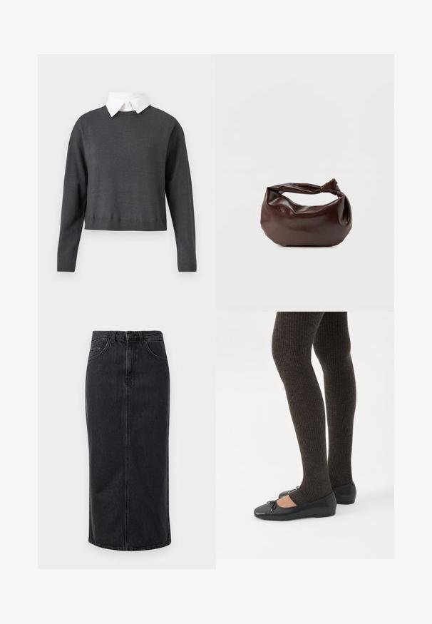 Dunkelgrauer, kurzer Pullover mit langen Ärmeln, geripptem Saum und darunterliegendem weißen Hemd mit Kragen, das eine glatte Textur aufweist.; Schwarzer Denim-Midirock mit geradem Schnitt, Fünf-Taschen-Design und Knopfverschluss. Verfügt über einen rohen Saum und dezente, ausgebleichte Textur.; Beine in dunklen, gerippten Leggings kombiniert mit schwarzen Ballerinas mit kleinen Schleifendetails auf weißem Hintergrund.; Dunkelbraune Lederschultertasche mit weicher, lockerer Form und einem gedrehten Knotengriff vor schlichtem weißem Hintergrund.