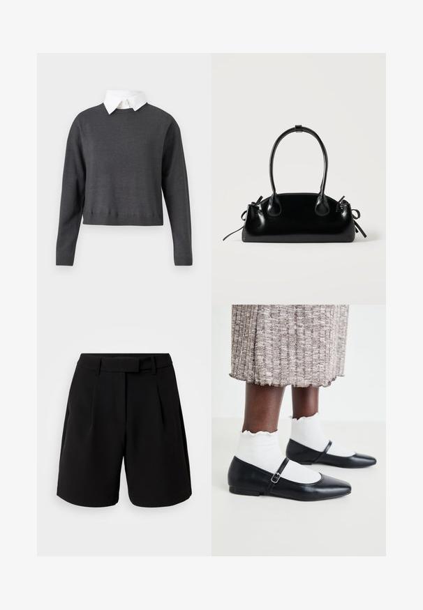 Mørkegrå cropped sweater med lange ærmer, ribbede kanter og en hvid skjorte under, som har en glat tekstur.; Sorte skræddersyede shorts lavet af glat stof, med høj talje, folder, bæltestropper og sidelommer, med et rent design.; Sorte ballerinaer med spids tå og flad hæl, der har et justerbart bånd over foden. Båret med hvide teksturerede strømper.; Lille sort blank håndtaske med to lange håndtag og snøre-detaljer i siden på en ensfarvet lys baggrund.