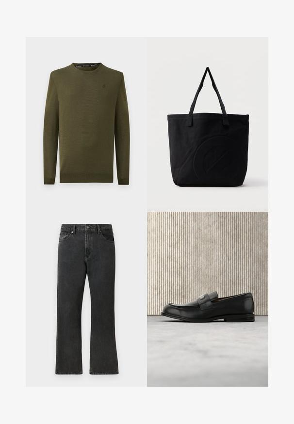 Oliven grøn striktrøje med lange ærmer, rund halsudskæring og ribbede manchetter. Subtil logo detalje på brystet. Blød tekstur og normal pasform.; Sorte denim jeans med lige ben, med en mellem taljehøjde, fem lommer og knaplukning. Diskret falmet tekstur over det hele.; Sort læderloafer med metalbrandskilt hvilende nær et brunt rundt bord på beige tæppe.; Sort canvas-tote-taske med to skulderstropper og et diskret præget cirkeldesign på fronten.