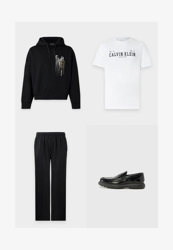 Musta huppari, jossa edessä nyörit ja pystysuuntainen, monivärinen tekstisuunnittelu, jossa lukee "EMPORIO ARMANI" vasemmassa rinnassa.; Valkoinen lyhythihainen T-paita, jossa musta "NY CALVIN KLEIN Established 1968" -teksti rinnassa, pyöreä pääntie ja normaali istuvuus.; Mustat housut pehmeästä kankaasta, jossa on joustava vyötärö, suora lahje ja kaksi sivutaskua. Sisältää piilotetut ompeleet.; Mustat nahkakengät, joissa on kiiltävä pinta, pyöreä kärki, huomaamaton ompelu ja paksu kumipohja kestävyyttä varten.