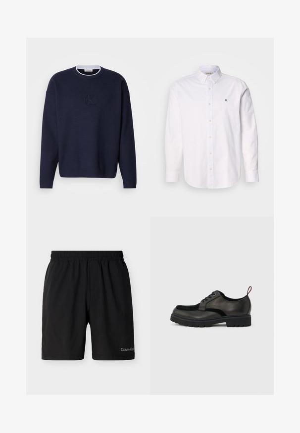 Pull en maille bleu marine avec un col rond, un col côtelé, et un subtil logo "ck" brodé à l'avant. Manches longues, coupe décontractée.; Chemise blanche à boutons en coton, avec un col classique, des manches longues, et un petit logo CK sur la poitrine gauche. Texture douce.; Shorts à taille élastique noire avec poches latérales, longueur aux genoux, arborant un petit logo Calvin Klein sur la partie inférieure de la jambe gauche.; Chaussure noire en cuir à lacets avec semelle épaisse crantée et languette rouge à l'arrière, vue de profil sur un fond gris clair.
