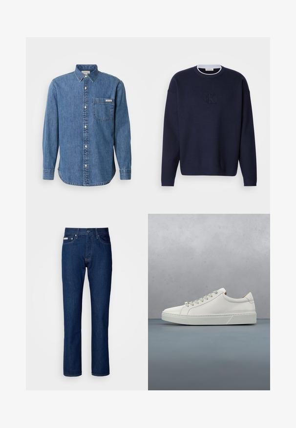 Marineblaue Strickjacke mit Rundhalsausschnitt, geripptem Kragen und dezent gesticktem "ck"-Logo auf der Vorderseite. Lange Ärmel, lockere Passform.; Jeanshemd in Mittelblau mit Button-Down-Kragen, langen Ärmeln, Brusttasche und weißen Knöpfen. Verfügt über einen leicht gebogenen Saum.; Dunkelblaue Jeans aus Denim mit geradem Bein Design, mit einem Reißverschluss und Knopfverschluss, fünf Taschen und dezenten Nähten.; Weißes Leder-Sneaker mit abgerundetem Zehenbereich, minimalistisches Design, graue Schnürsenkel und einer strukturierten grauen Gummisohle. Dezente Nähte sichtbar.