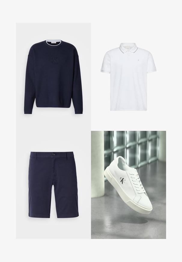 Marineblaue Strickjacke mit Rundhalsausschnitt, geripptem Kragen und dezent gesticktem "ck"-Logo auf der Vorderseite. Lange Ärmel, lockere Passform.; Weißes Poloshirt mit kurzen Ärmeln, Zwei-Knopf-Leiste, grauem Besatz an Kragen und Bündchen sowie kleinem auf der Brust aufgesticktem "ck"-Logo.; Marineblaue Shorts mit flachem Frontschnitt, Knopfverschluss und seitlichen Taschen. Hergestellt aus leichtem Stoff mit glatter Textur.; Weißer Calvin Klein Sneaker mit Schnürsenkeln, schwebend über einem polierten Betonboden und einer Glasbausteinwand im Hintergrund dargestellt.