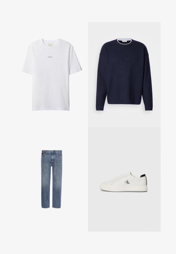 Suéter de punto azul marino con cuello redondo, cuello acanalado y sutil logotipo bordado "ck" en la parte frontal. Mangas largas, corte holgado.; Camiseta blanca de algodón con cuello redondo y mangas cortas. Cuenta con un pequeño logo negro de "Calvin Klein" centrado en el pecho.; Vaqueros de denim azul con pierna recta, bolsillos delanteros, trabillas para cinturón y cierre de botón.; Zapatillas de cuero blanco con puntera redondeada, suela de goma plana y acento negro en el talón. Presenta un destacado logo negro de Calvin Klein en el costado.