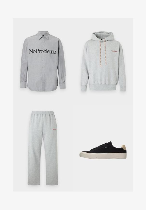 Sweat à capuche gris clair avec poche devant, cordons rouges et blancs, et petit texte rouge "No Problemo" sur la poitrine.; Chemise grise à boutons avec un col, des manches longues, et "No Problemo" imprimé en grandes lettres noires sur le devant. Tissu lisse et léger.; Pantalon de survêtement gris clair avec taille élastique et petit texte rouge « No Problemo » sur la partie supérieure de la cuisse gauche.; Baskets basses noires avec languette beige au talon, semelle en caoutchouc blanche épaisse, lacets noirs et petite étiquette "PS Paul Smith" sur le côté.