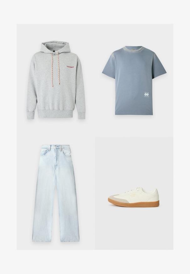 Sweat à capuche gris clair avec poche devant, cordons rouges et blancs, et petit texte rouge "No Problemo" sur la poitrine.; T-shirt bleu clair en coton doux, avec des manches courtes et un col rond. Inclut un petit graphisme blanc sur le bas du devant.; Pantalons en denim bleu clair avec une coupe ample, taille haute, design à cinq poches et jambes droites. Texture décolorée avec des détails de couture visibles.; Baskets en cuir blanc avec une coque beige et une semelle en caoutchouc marron clair. Dotées de lacets blancs plats et d'un logo embossé sur le côté.