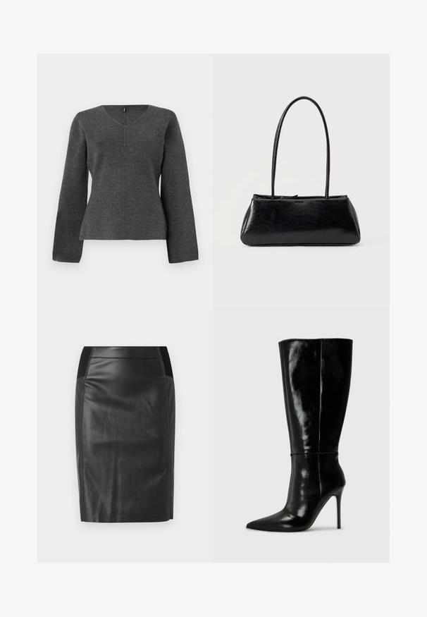 Top gris de punto de manga larga con escote en V, que presenta una silueta ajustada y costuras en el centro. Textura suave sin adornos.; falda lápiz de cuero negro con un diseño ajustado, textura suave y acentos de cintura elástica a ambos lados. Dobladillo recto en la parte inferior.; Botas de cuero negro hasta la rodilla con punta afilada y tacón alto de aguja. Textura suave y diseño elegante, con detalles mínimos.; Bolso de hombro rectangular negro con correas largas y delgadas y una textura lisa y brillante sobre un fondo liso.