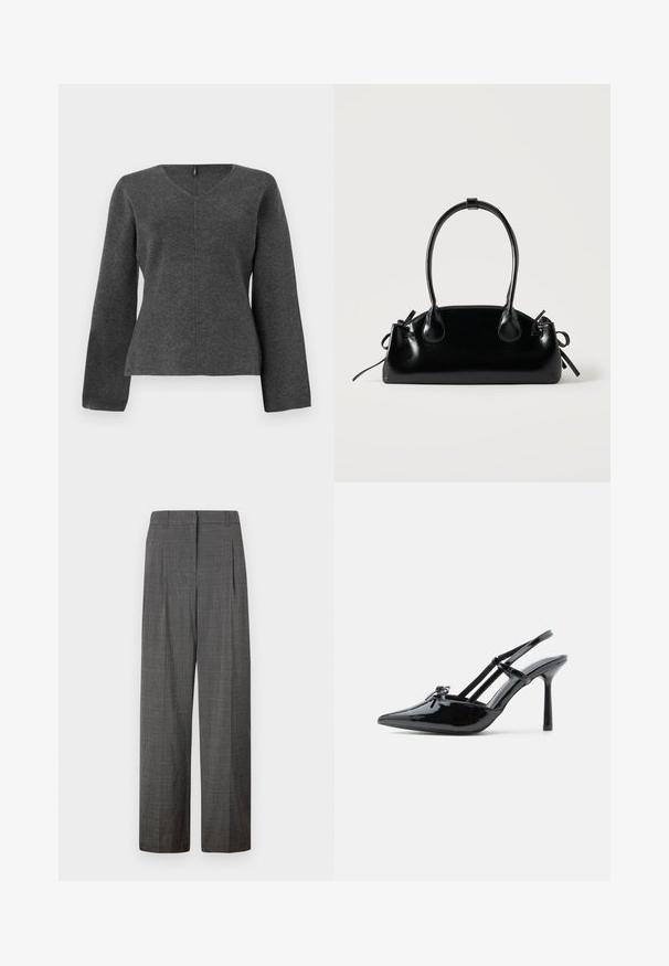 Top gris de punto de manga larga con escote en V, que presenta una silueta ajustada y costuras en el centro. Textura suave sin adornos.; Vero Moda VMSIKITA WIDE DAD PANT - Pantalones - medium grey/black; Zapato tipo slingback de charol negro con tacón alto, punta puntiaguda, tacón delgado y doble tira cruzando el empeine.; Pequeño bolso negro brillante con dos asas largas y detalles de cordón lateral sobre un fondo claro liso.
