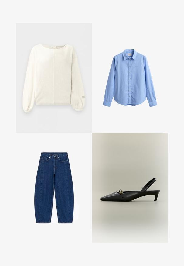 Pull-over à manches longues couleur crème avec un col rond, une couture centrale, des poignets bouffants et un texte de logo subtil sur le poignet de la manche droite.; Chemise bleu clair à manches longues avec col, logo discret de la marque sur la poitrine et sept boutons blancs à l'avant.; Jean large en denim bleu foncé avec une taille haute, cinq poches et des attaches en métal argenté. Présente des coutures visibles et une texture lisse.; Escarpin slingback en cuir noir avec talon kitten, bout pointu et petite boucle dorée sur un fond uni.