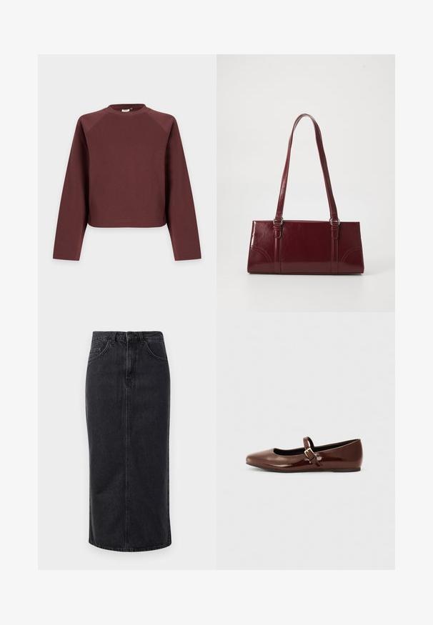 Langärmliges Rundhals-Sweatshirt in uni Braun mit entspannter Passform, vor hellgrauem Hintergrund dargestellt.; Schwarzer Denim-Midirock mit geradem Schnitt, Fünf-Taschen-Design und Knopfverschluss. Verfügt über einen rohen Saum und dezente, ausgebleichte Textur.; Braune Lackleder-Ballerinas mit quadratischer Zehenform und Riemen mit einer kleinen goldenen Schnalle. Glatte Textur, niedriger Absatz und minimalistisches Design.; Burgunderfarbene Handtasche aus glänzendem Material, rechteckige Form, mit zwei Schulterriemen und subtilen, geschwungenen Akzenten an der Vorderseite.