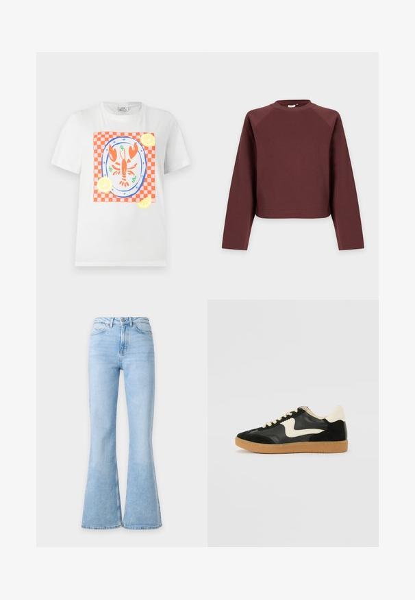 Sweat-shirt marron uni à manches longues et col rond avec une coupe décontractée, présenté sur un fond gris clair.; T-shirt blanc à manches courtes avec un homard rouge sur une assiette, placé sur un tissu à carreaux rouge et blanc avec des tranches de citron autour.; Jean en denim bleu clair à taille haute avec jambes larges évasées, avec boutons sur le devant et poches sur un fond uni.; Baskets en daim et cuir noir avec un swoosh latéral crème et un talon crème clair. Dotées de lacets beige et d'une semelle en caoutchouc gomme.