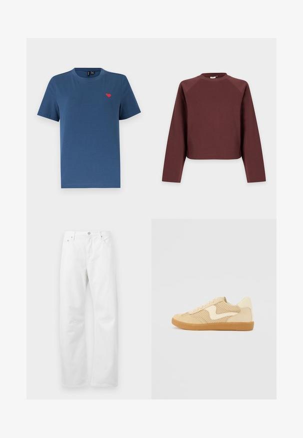 Sweat-shirt marron uni à manches longues et col rond avec une coupe décontractée, présenté sur un fond gris clair.; T-shirt bleu à manches courtes et col rond avec un petit emblème en forme de cœur rouge sur le côté gauche de la poitrine, sur un fond blanc uni.; Jean blanc à jambe droite avec cinq poches et fermeture à bouton à la taille, présenté sur un fond clair uni.; Sneaker beige avec des matériaux en daim et en maille, forme arrondie, col rembourré proéminent et semelle en caoutchouc gomme. Présente un accent de design en forme de vague.