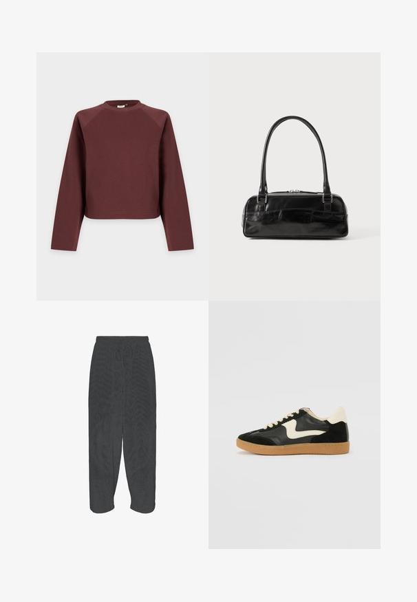 Sweat-shirt marron uni à manches longues et col rond avec une coupe décontractée, présenté sur un fond gris clair.; Pantalon noir coupe ample avec ceinture élastique et cordon, présenté à plat sur fond blanc.; Baskets en daim et cuir noir avec un swoosh latéral crème et un talon crème clair. Dotées de lacets beige et d'une semelle en caoutchouc gomme.; Sac à main en cuir noir de forme rectangulaire, doté d'une seule ansse structurée, de quincaillerie argentée et d'une fermeture éclair. Texture lisse.