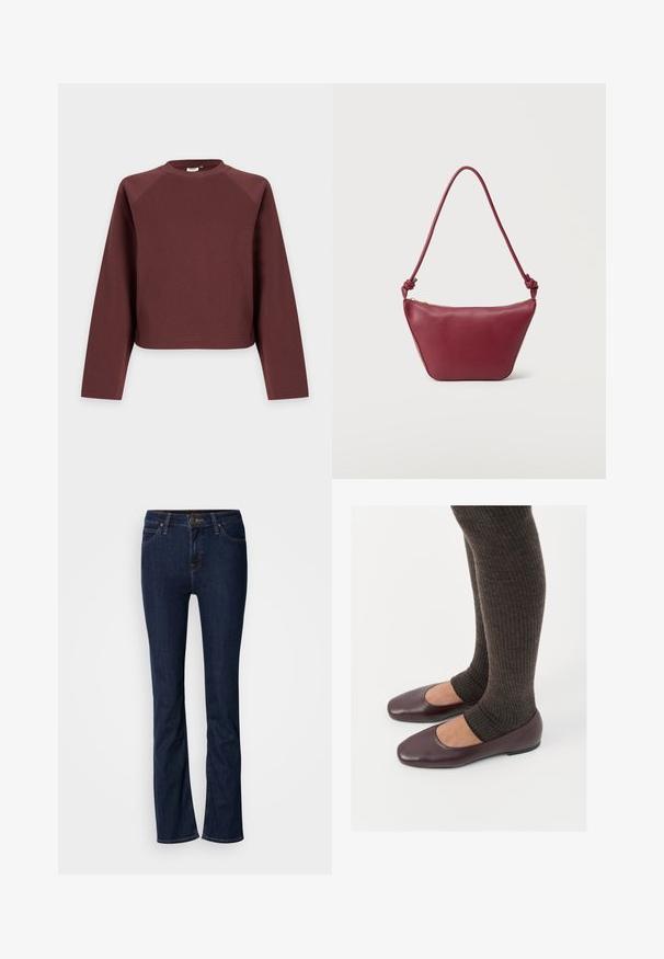 Langærmet, rund hals, ensfarvet brun sweatshirt med løs pasform, vist mod en lys grå baggrund.; Mørkeblå denim jeans med lige ben-design, fem-lomme stil og lys syning. Linningen har en metal-knap lukning.; Burgunderrøde patenterede læder flade sko med firkantet tådesign, parret med mørkebrune ribbede strømpers der når til midten af læggen.; Lille skuldertaske i bordeaux læder med knyttet rem og lynlåslukning øverst mod en ensartet lys baggrund.