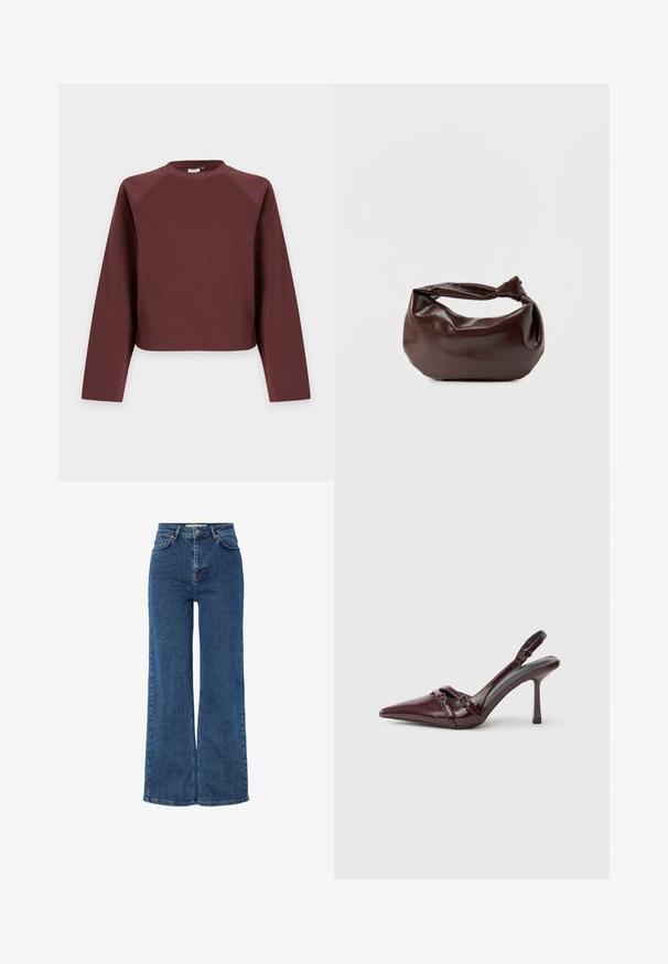 Sweater met lange mouwen, ronde hals, effen bruin, met een losse pasvorm, getoond tegen een lichtgrijze achtergrond.; Hoge taille blauwe denim jeans met brede pijpen, voorzien van een traditionele vijf-pocket ontwerp, metalen knoopsluiting en contrasterende stiksels.; Bordeauxrode lakleren slingback met puntige neus, dunne enkelband en kleine decoratieve gespsluiting. Gladde textuur en hoge hak.; Donkerbruine leren schoudertas met een zachte, slungelige vorm en een gedraaide knoopvormige handgreep op een effen witte achtergrond.