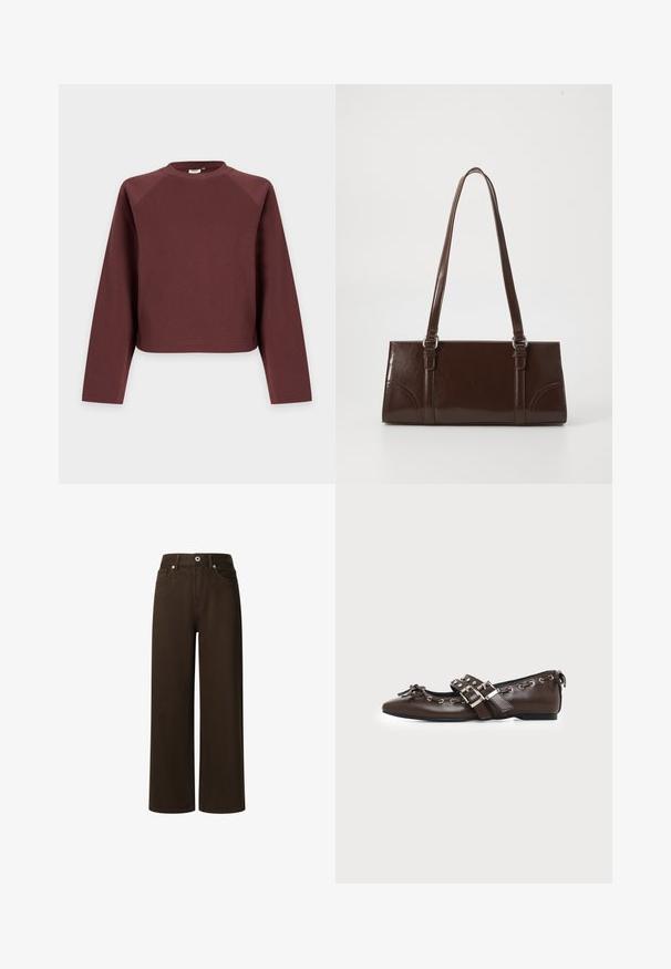 Langærmet, rund hals, ensfarvet brun sweatshirt med løs pasform, vist mod en lys grå baggrund.; Pepe Jeans LEXA - Jeans Straight Leg - chocolate brown; Mørkebrune lædersko med flad sål og spids snude, dobbelt sølvsnørrebånd, metaløjer og dekorativ sløjfe foran.; Brun lakeret håndtaske med rektangulær form, to lange håndtag og subtile buede detaljer på fronten.