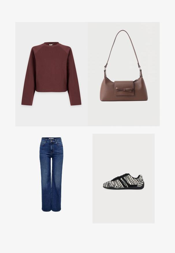 Langærmet, rund hals, ensfarvet brun sweatshirt med løs pasform, vist mod en lys grå baggrund.; Jeans med høj talje og vide ben i mørkeblå denim, med knaplukning, fem lommer og kontrastsyninger.; Lavprofil sneakers med sorte og hvide zebrastriber, sorte snørebånd og tekstureret sort sål, vist fra siden på en hvid baggrund.; Brun skuldertaske i læder med en frontlomme med klap, der har en sydd sløjfedetalje, og en justerbar rem.