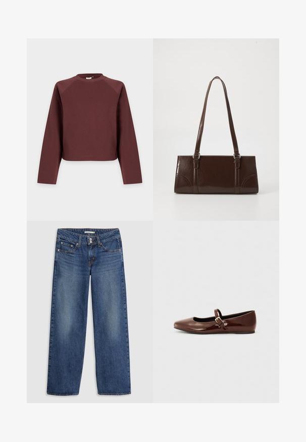 Langærmet, rund hals, ensfarvet brun sweatshirt med løs pasform, vist mod en lys grå baggrund.; Blå denim bredbenede jeans med knaplukning, fem lomme-design, let falming på lårene og syningsdetaljer på sømmene.; Brun patentlæder balletflade med firkantet tå og strop med en lille guldbuckle. Glat tekstur, lav hæl og minimalistisk design.; Brun lakeret håndtaske med rektangulær form, to lange håndtag og subtile buede detaljer på fronten.