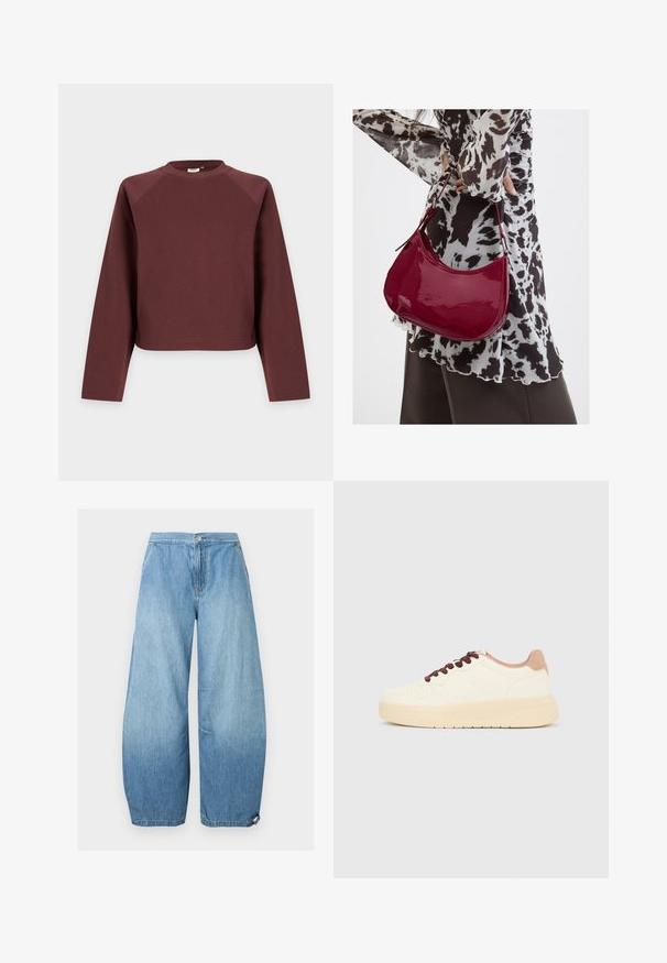 Sweat-shirt marron uni à manches longues et col rond avec une coupe décontractée, présenté sur un fond gris clair.; Jean denim bleu clair à jambes larges avec poches avant, fermeture par bouton et ourlets réglables par cordon.; Baskets basses beiges avec semelle épaisse, bout perforé, col de talon rose et lacets brun foncé sur un fond gris clair uni.; Femme portant un chemisier à motif noir et blanc tenant un sac à main rouge brillant sur un fond uni.