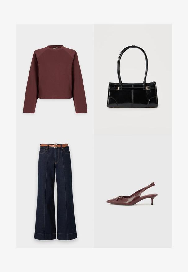 Langærmet, rund hals, ensfarvet brun sweatshirt med løs pasform, vist mod en lys grå baggrund.; Mørkeblå denim wide-leg jeans med høj talje, brun bælte og synlige syningsdetaljer. Har forlommer og en afslappet pasform.; Bordeaux læder slingback hæl med spidse tå, justerbar rem og dekorativ sløjfedetalje foran. 7,5 cm hælhøjde.; Glansfuld sort rektangulær håndtaske med to tynde skulderremme og små guldbeslag foran.