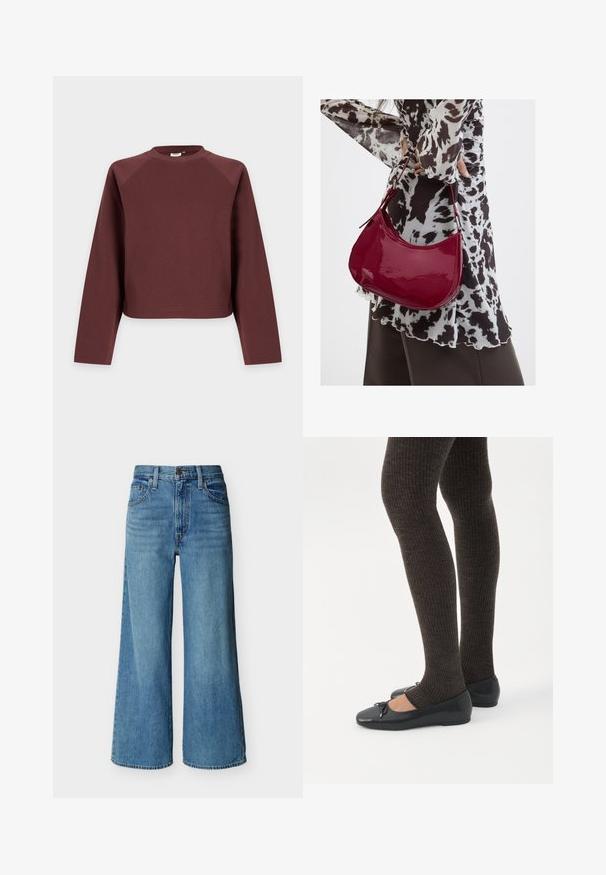 Sweat-shirt marron uni à manches longues et col rond avec une coupe décontractée, présenté sur un fond gris clair.; Jean bleu taille haute à jambes larges avec bouton et fermeture éclair à l'avant, passants de ceinture et style cinq poches sur fond blanc.; Jambes portant des leggings côtelés foncés associés à des ballerines noires avec de petits détails en nœud sur fond blanc.; Femme portant un chemisier à motif noir et blanc tenant un sac à main rouge brillant sur un fond uni.